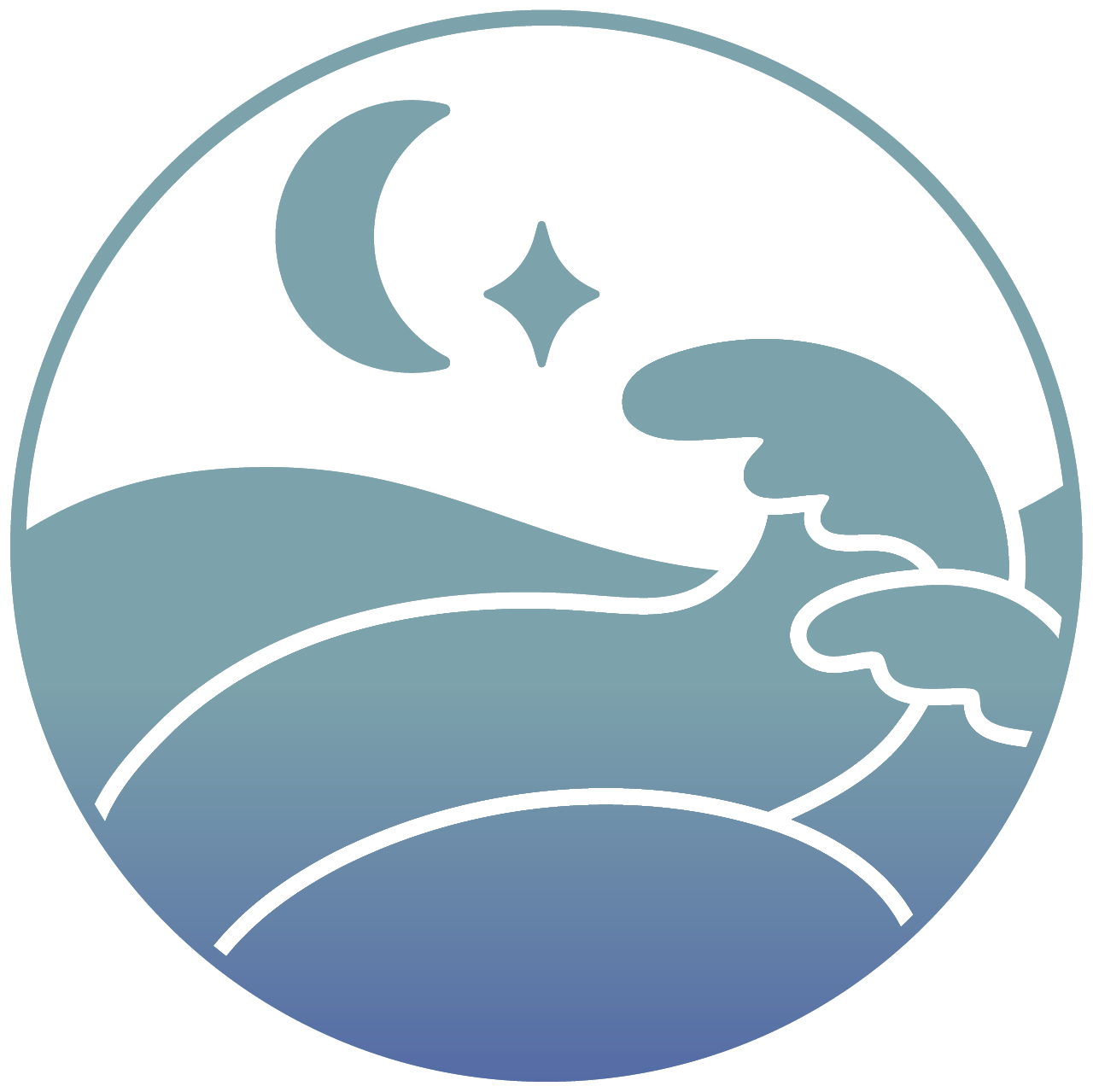 Aquamarine wellness logo, healing blue waves in a circle under a moon and stars.